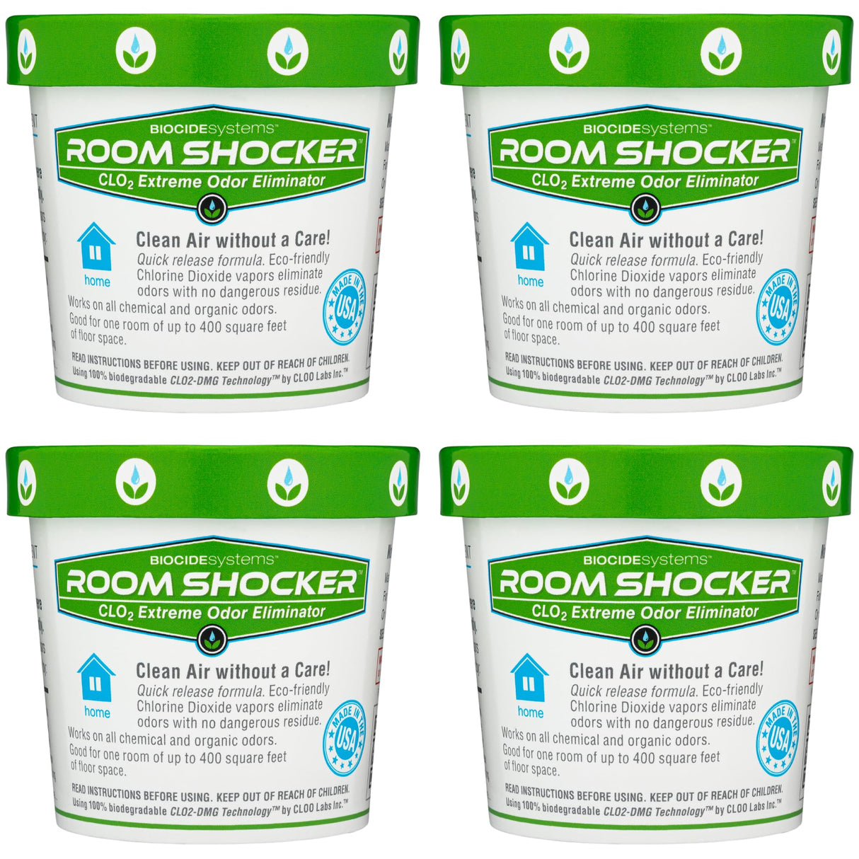 Biocide Systems Room Shocker Strong Odor Eliminator for Home & Office, Eco-Friendly Chlorine Dioxide Odor Bomb for House Interior Up to 400 Square Feet of Floor Space (4-Pack)