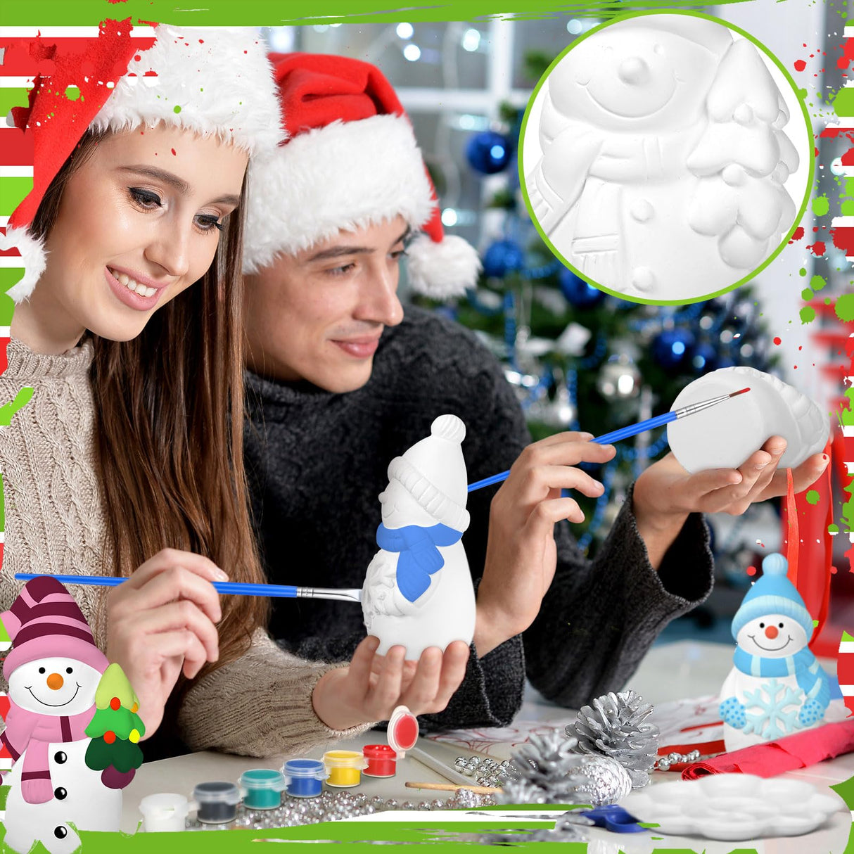 Eersida 6 Sets Winter Christmas Ceramics to Paint Ready to Your Own Ceramic Snowman Statues DIY Unpainted Paintable Winter Figurines Kit Crafts with Brush Palette for Christmas DIY