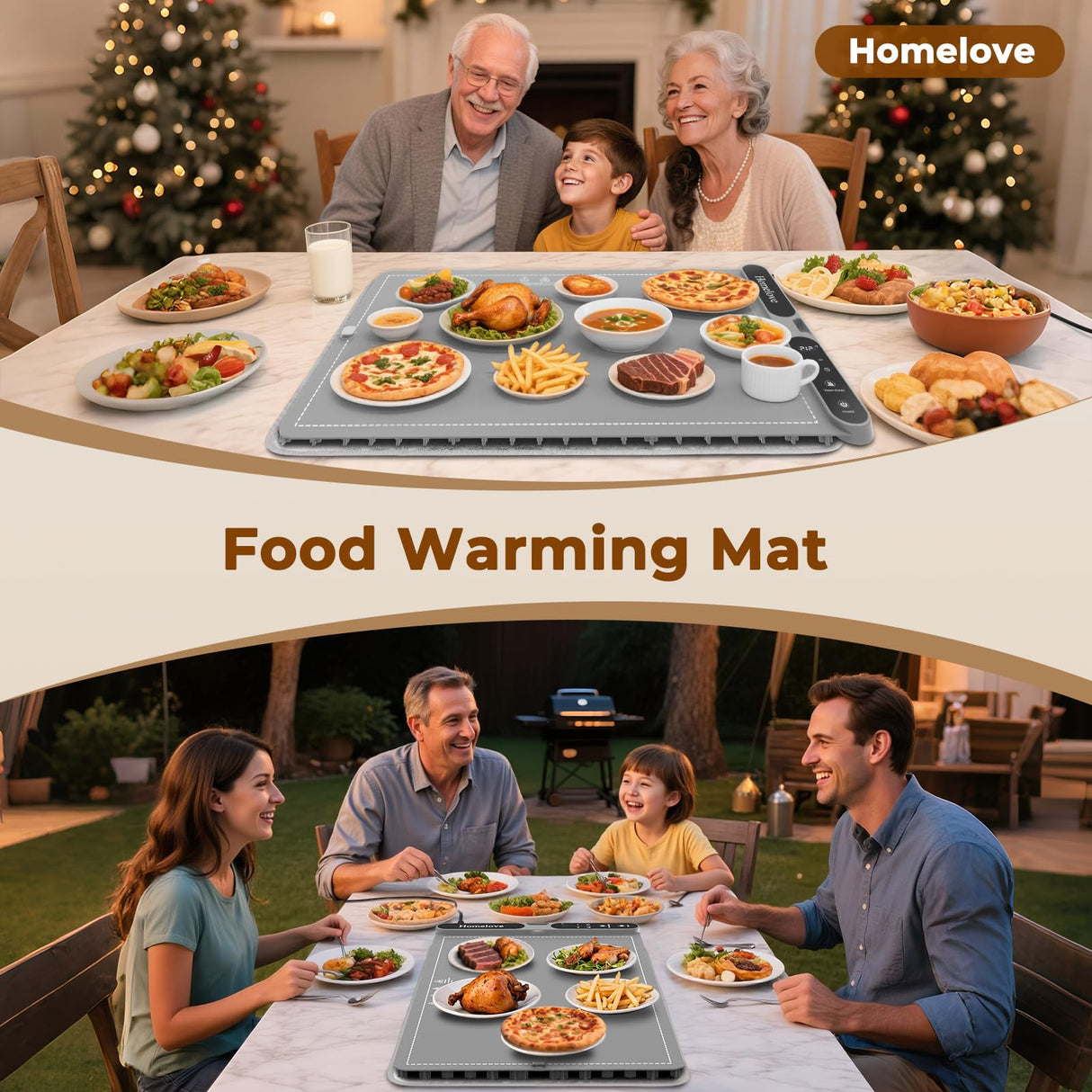 Homelove Warming Mat for Food - Fast Full Surface Electric Warming Tray with 7 Temp-Settings & 8H Timer, Portable Roll Up Food Warmer with Heat Insulation Pad for Gatherings Parties Buffet XL-Grey