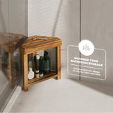 BLUEWEST Shower Foot Rest, Corner Shower Stool, Wooden Shower Foot Stool for Shaving Legs Inside Shower, Waterproof Shower Foot Rest with Storage Shelf for Small Shower Space, Shower Seats and Benches