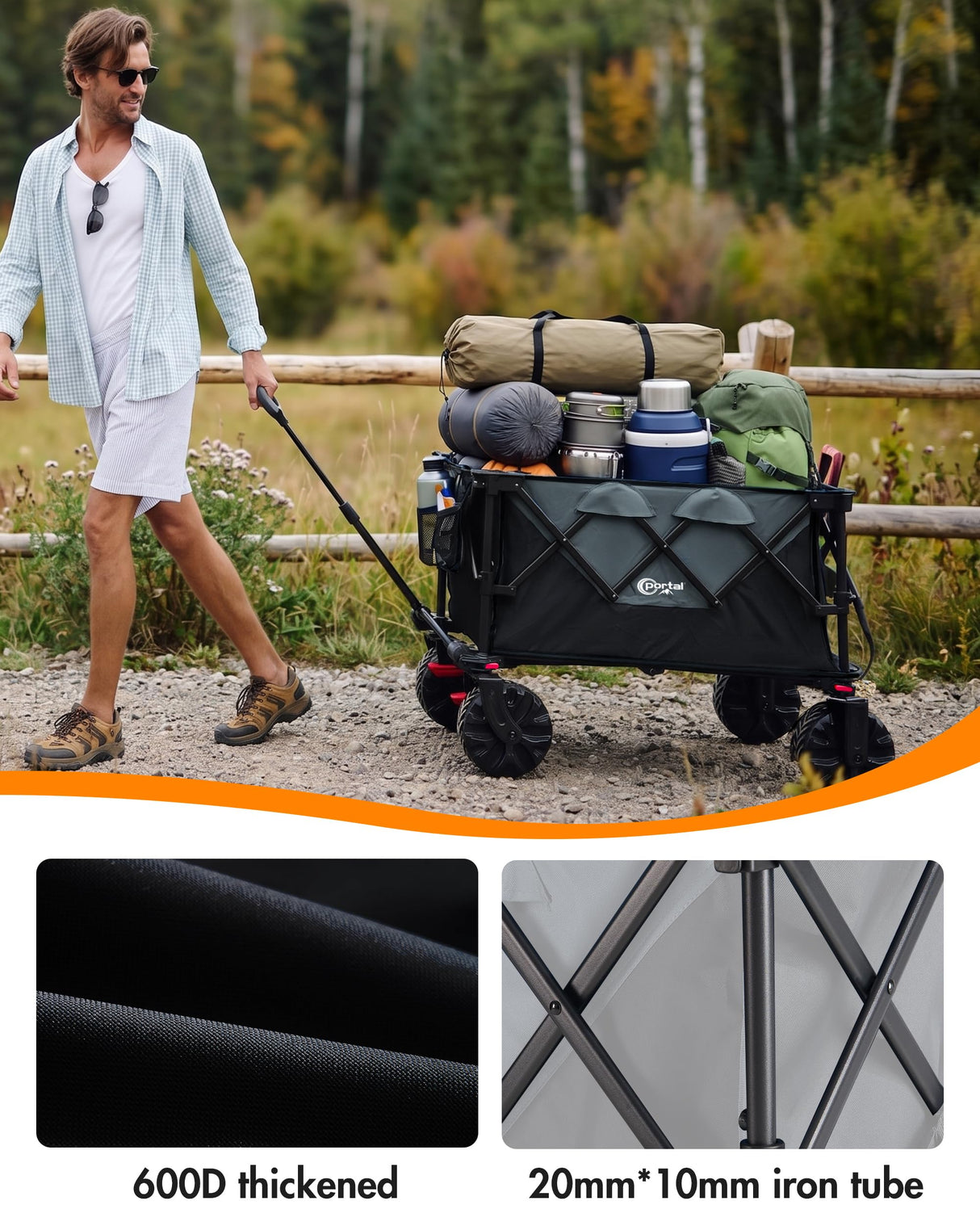 PORTAL Folding Wagon Black, All-Terrain, Beach Camping Garden Grocery