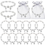 Taiyin 12 Pcs Rosary Bracelet Bulk with Mesh Bags, White Religious Rosary Bead Bracelet Catholic Bracelets, Baptism First Communion Gifts for Women (Silver)