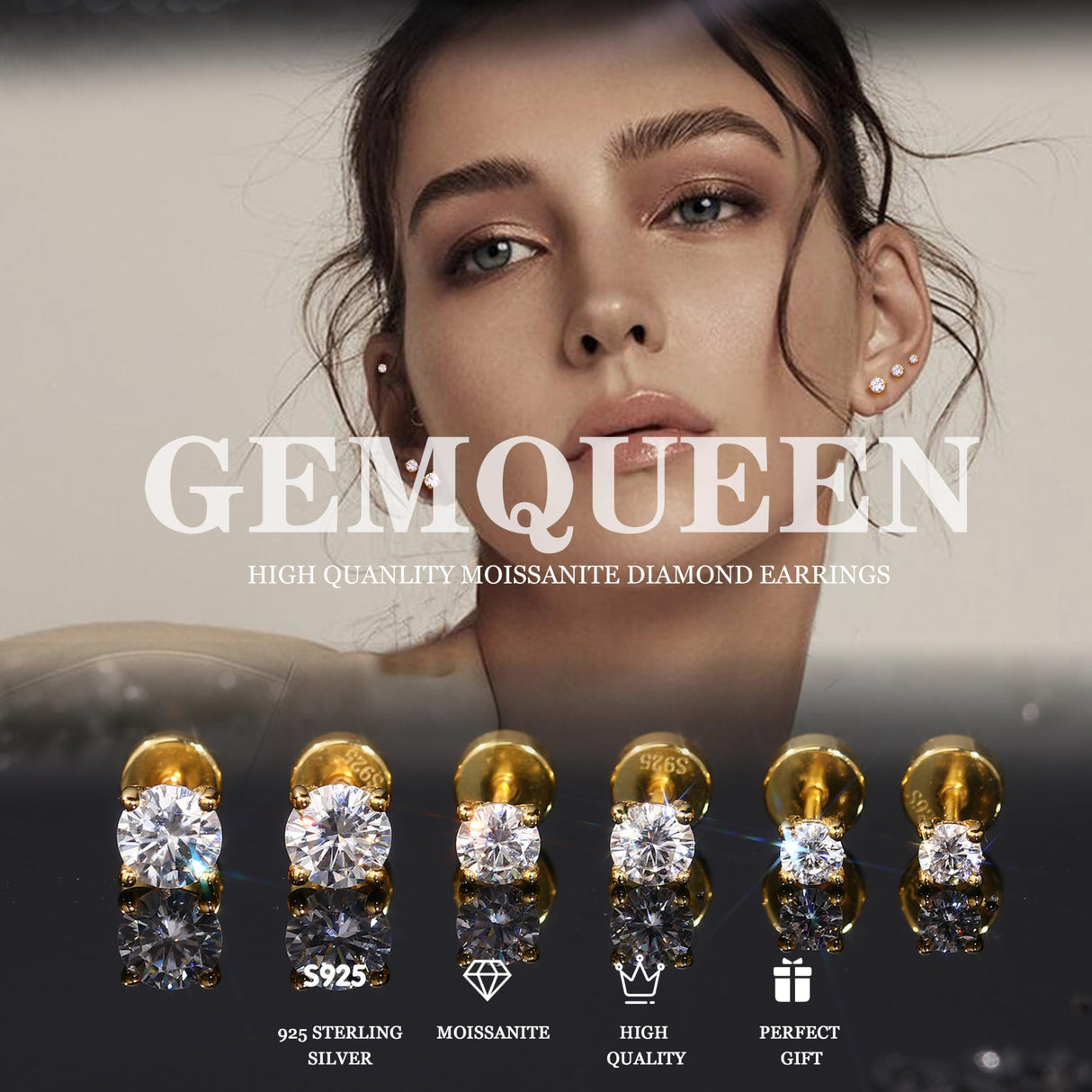 GEMQUEEN 3 Pairs Moissanite Earrings Studs 14K Gold Plated S925 Sterling Silver Flat Back Earring for Women Men - Hypoallergenic Set Cartilage Helix Piercing Jewelry D Color VVS1 1.8CT
