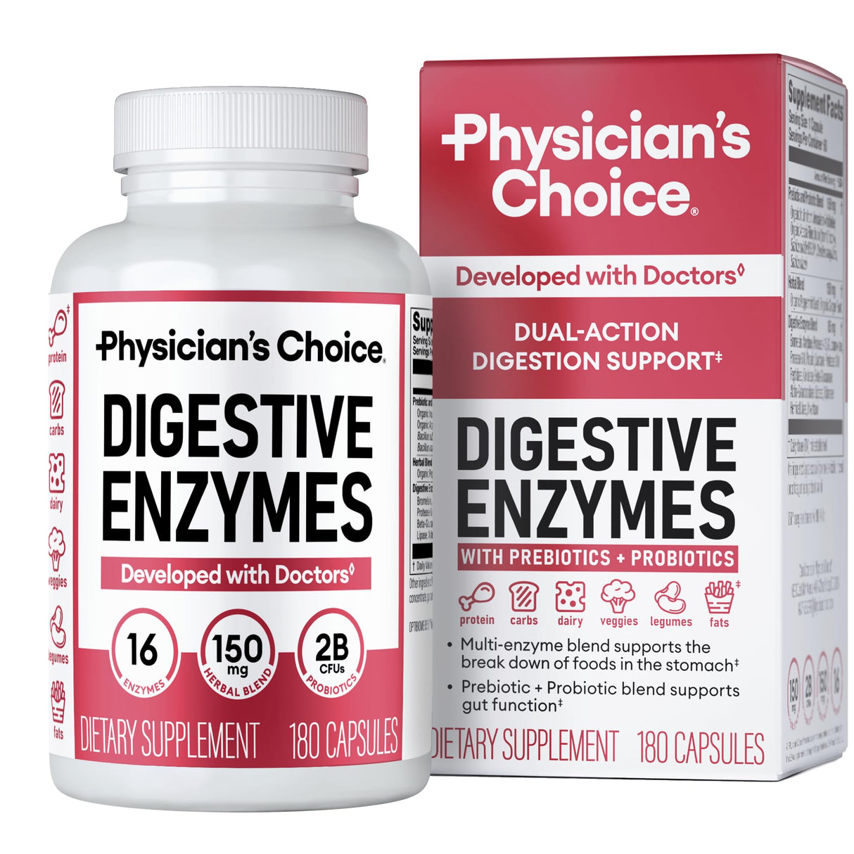 Physician's CHOICE Digestive Enzymes - Multi Enzymes, Organic Prebiotics & Probiotics for Digestive Health & Gut Health - Meal Time Discomfort Relief & Bloating - Dual Action Approach - 180 CT