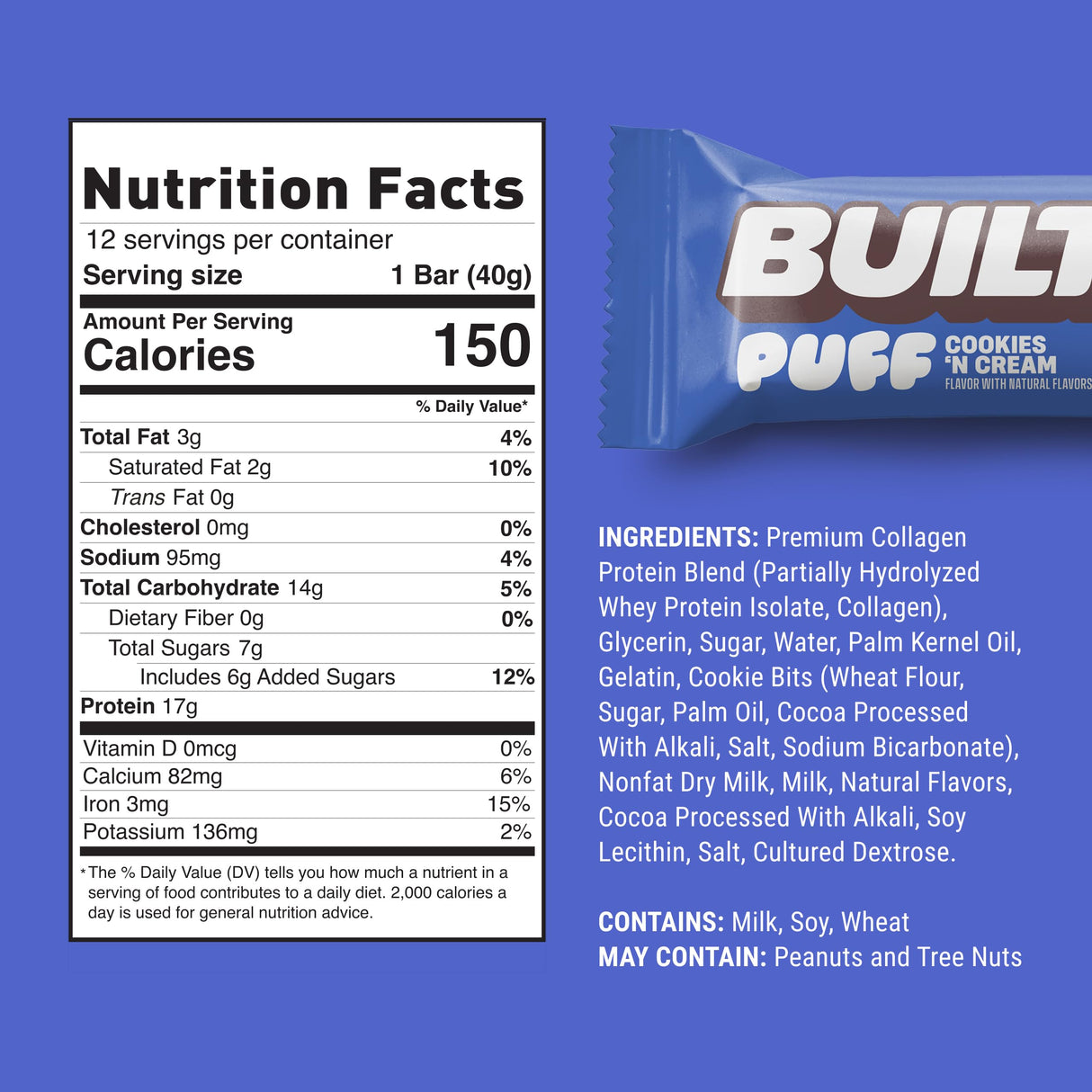 Built Bar, Puff Protein Bars, Cookies 'N Cream Puff, 17g Protein Snacks, On-The-Go Bars, Only 140 Calories, 7g Sugar, Collagen, Not Gluten Free, 12 Count