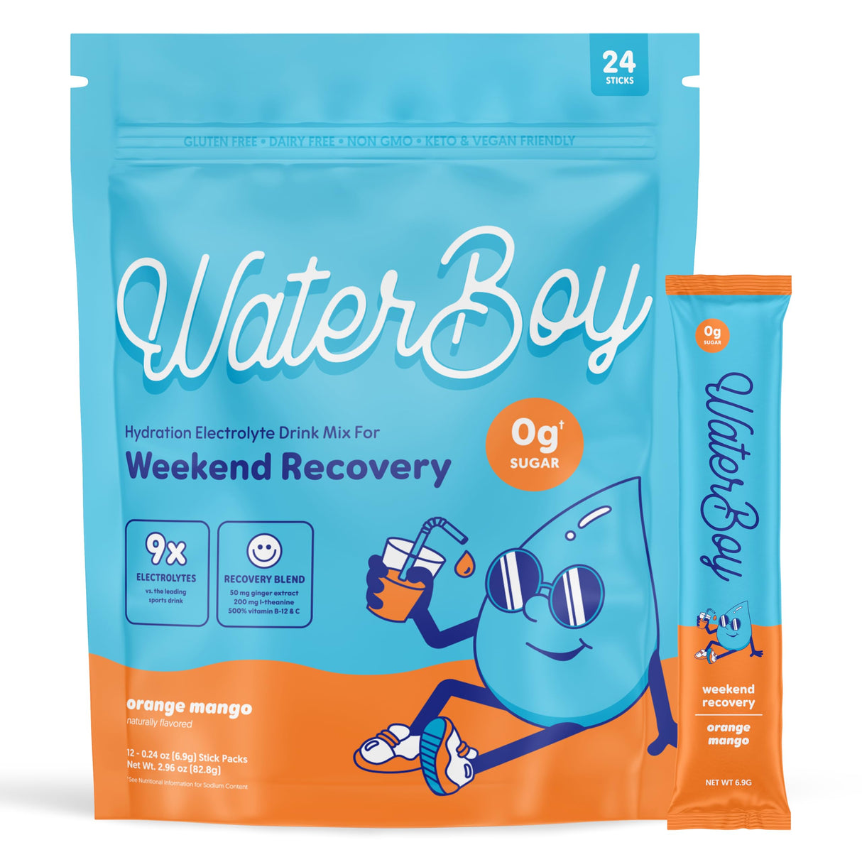 Waterboy Weekend Recovery | 3,200mg Electrolyte Powder Packets | Ginger + L-Theanine + Vitamins | No Sugar, All Natural, Gluten Free | 24 Drink Stick Mixes (Orange Mango)