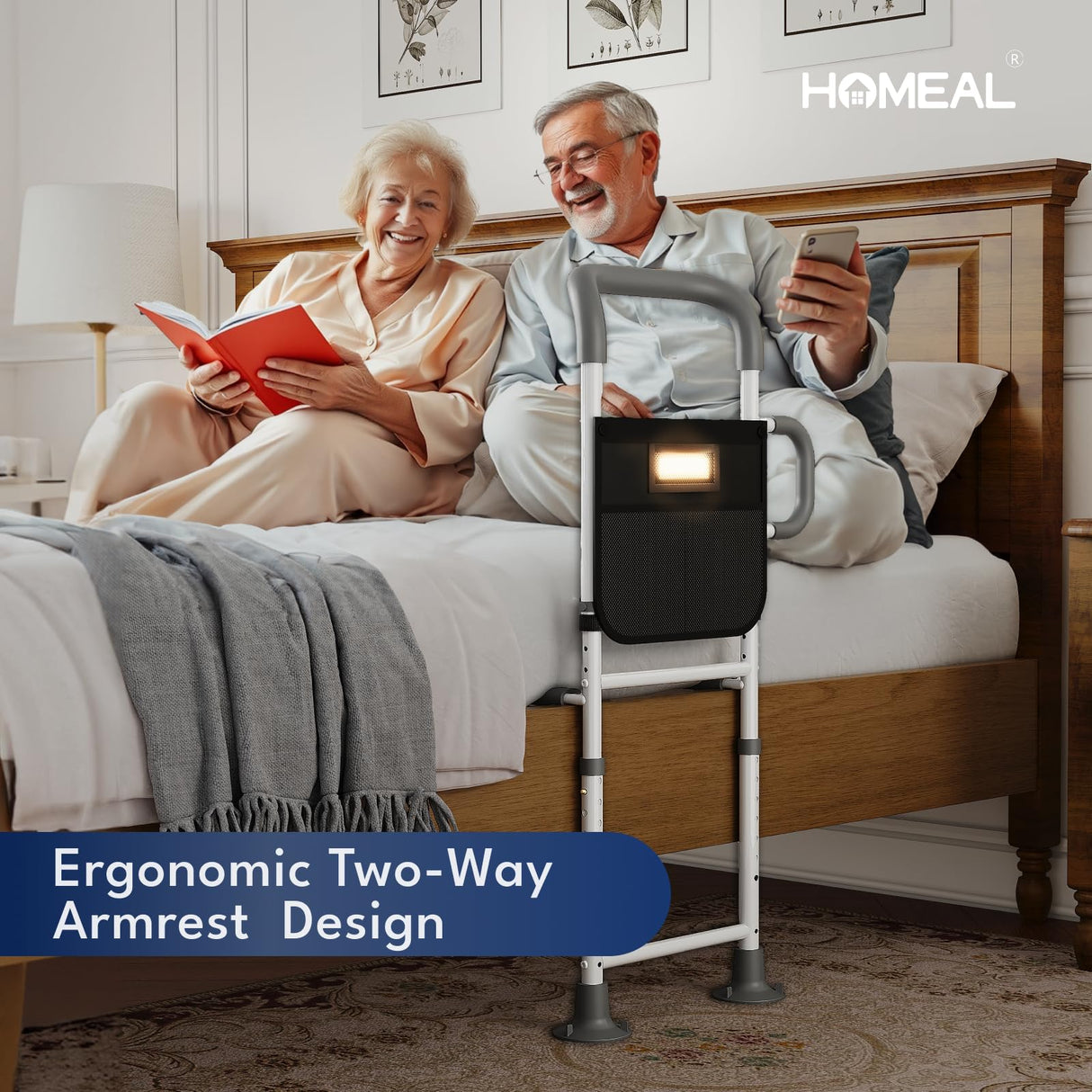 HOMEAL Bed Rails for Elderly Adults Safety - Height Adjustable Bedside Assist Rails for Seniors, Stable Bed Cane Guard Railings with Non-Slip Ergonomic Handle Bar and Storage Pocket (Grey)