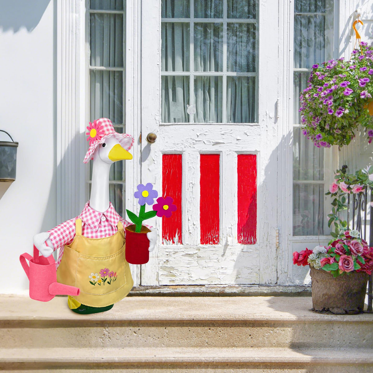 Ueyben Gardener Porch Goose Outfit Pink, Spring Goose Outfit Lawn Gooses Clothes Geese Costume for 23" Cement Plastic Geese Statue for Garden Yard Decoration