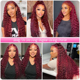 99j Burgundy Lace Front Wigs Human Hair 30 Inch 200 Density 13x6 Deep Wave Lace Front Wigs Human Hair Pre Plucked Red Curly Human Hair Wig HD Frontal Glueless Colored Wet And Wavy Loose Deep Wave