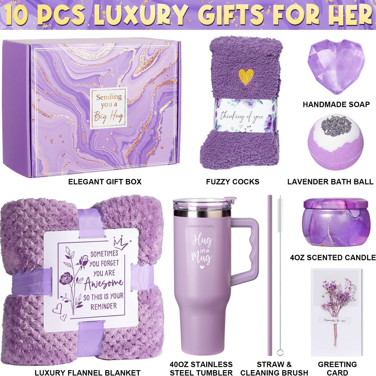 Birthday Gifts for Women Self Care Gifts Get Well Soon Gifts, Lavender Relaxing Spa Gifts Basket Care Package w/ Flannel Blanket 40 OZ Tumbler, Christmas Gifts for Mom Wife Grandma Friends Sisters Her