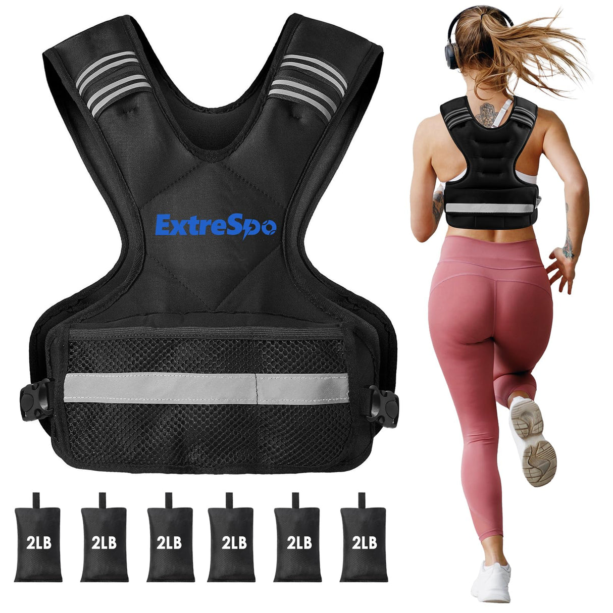 ExtreSpo Adjustable Weighted Vest for Women and Men, 20-32lb Weight Vest with 6 Ironsand Weights, Body Weight Vest Exercise Set with Reflective Strip for Strength Training and Workout
