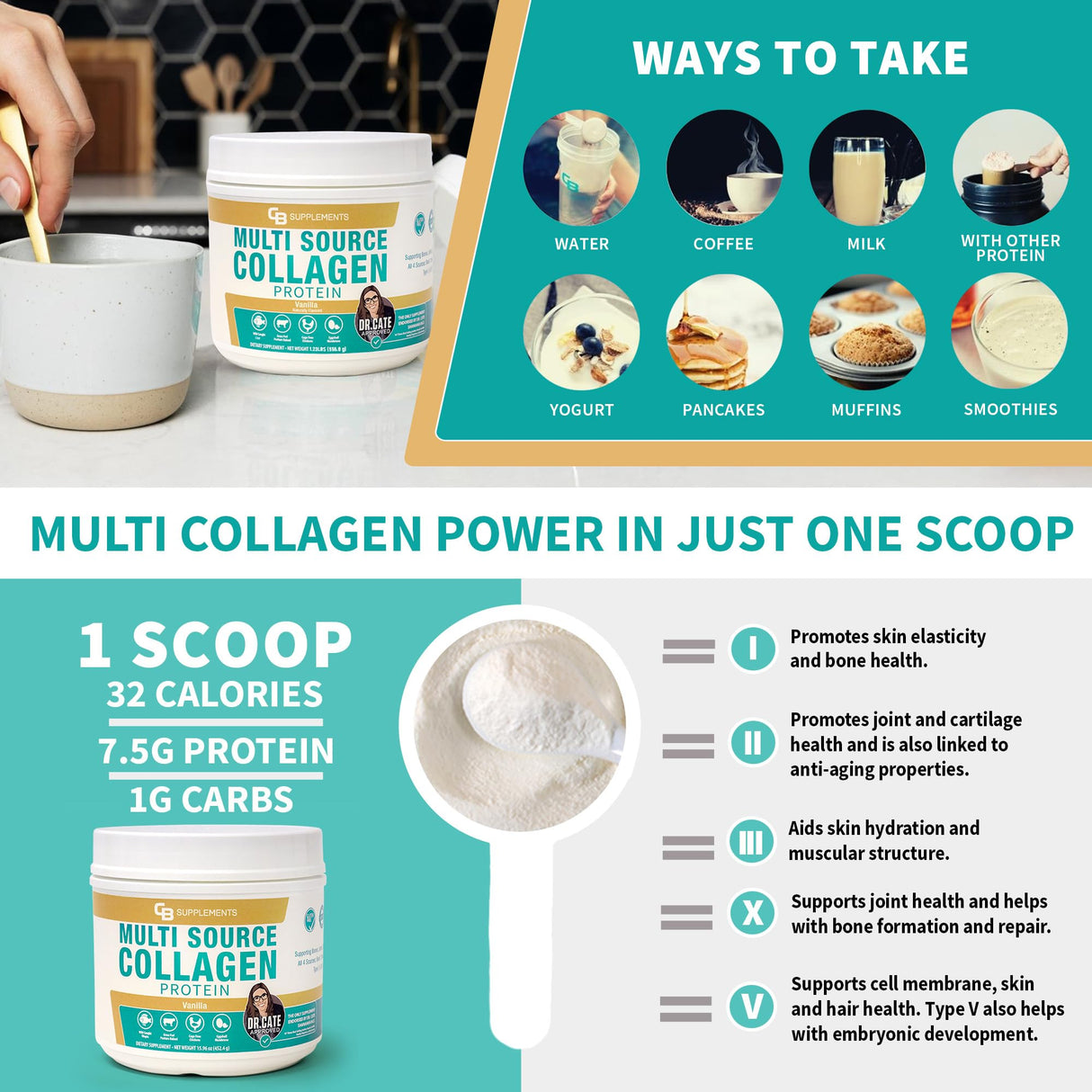 CB Supplements Multi Collagen Protein – Hydrolyzed Collagen for Joint, Skin, Gut, Hair & Nail Health – Vanilla Flavored Powder with Types I, II, III, V & X – Grass-Fed & Clean – 58 Servings