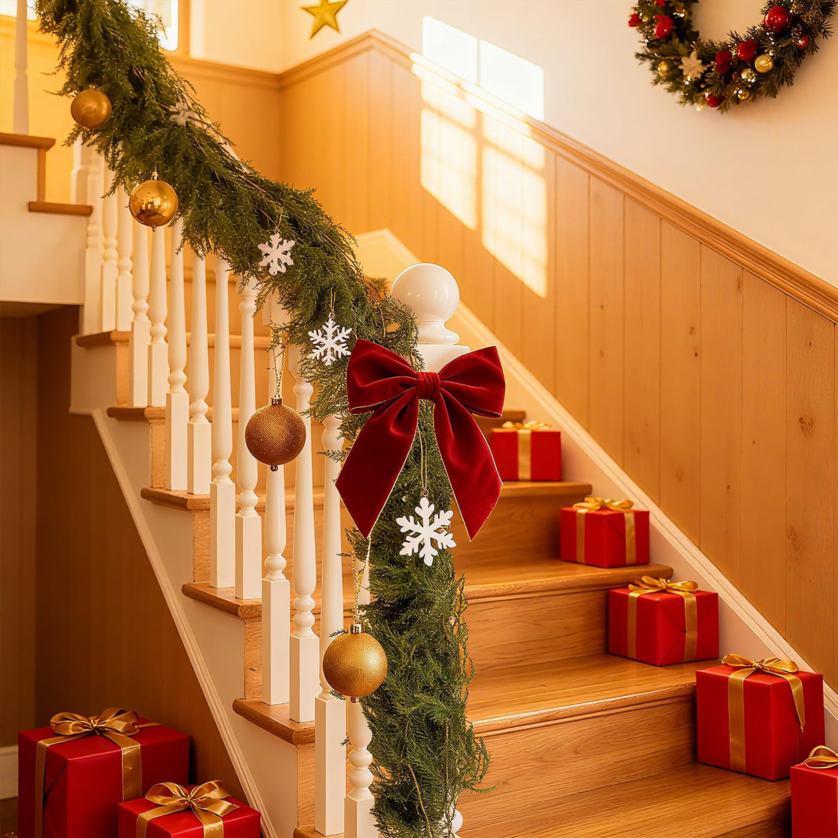 2Pcs Christmas Norfolk Pine Garlands, 6Ft Real Touch Artificial Faux Winter Dense Greenery Garland for Table Mantle Fireplace Wall Fence Stair Window Xmas Wreath Indoor Outdoor Holiday Decoration