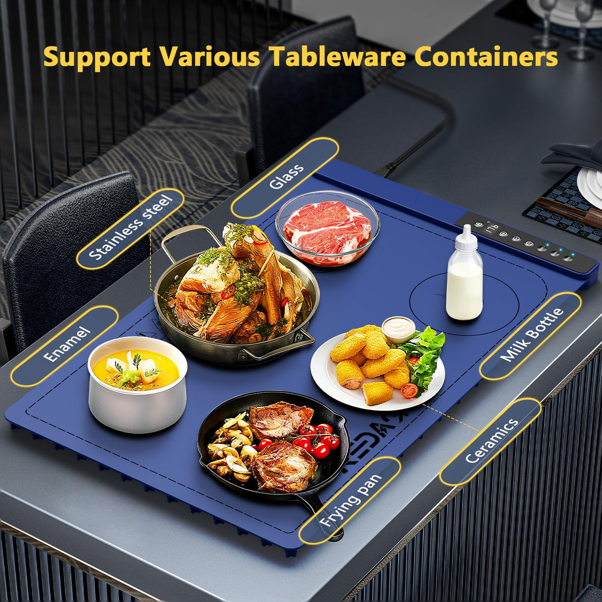 Food Warming Mat with 3-Zone Heating Mode, Redagod Electric Warming Tray with 9 Temperature & 8 Timer Settings, Hook and Roll Up Storage, Portable Countertop Food Heating Mat for Home Daily Use, Blue