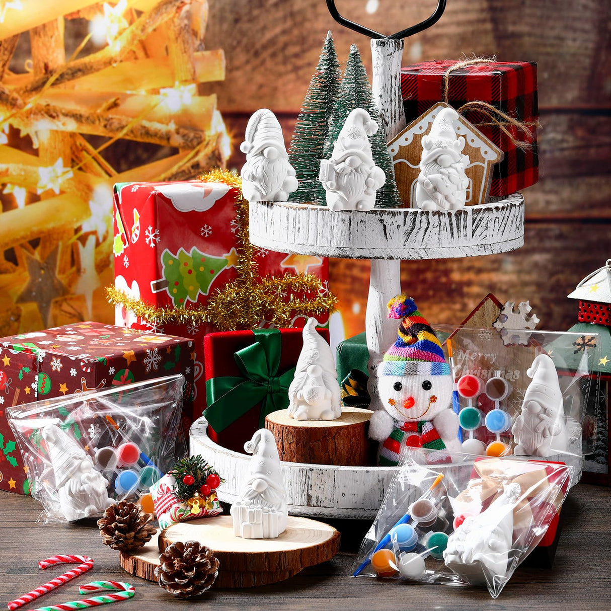 PullCrease 8 Pcs Christmas Ceramics Gnome to Paint Ready to Painting Your Own Gnome Statues DIY Unpainted Ceramics Paintable Figurines Kit Crafts with Brush Palette for Boys Girls