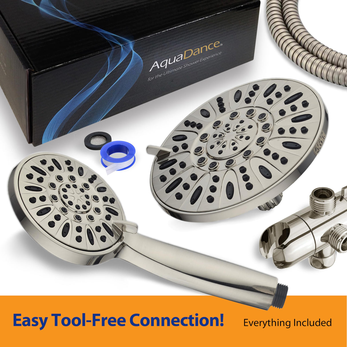 AquaDance 7" Premium High Pressure 3-Way Rainfall Combo with Stainless Steel Hose – Enjoy Luxurious 6-setting Rain Shower Head and Hand Held Shower Separately or Together – Brushed Nickel Finish