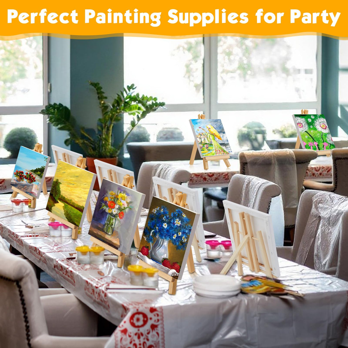 Mimorou 32 Pack 3 x 3 Inch Mini Canvases with Easel Sets for Painting Small Art Stretched Canvases Panels Pack with Wood Display Easel for Kids Birthday Parties Operation Christmas Gifts Items