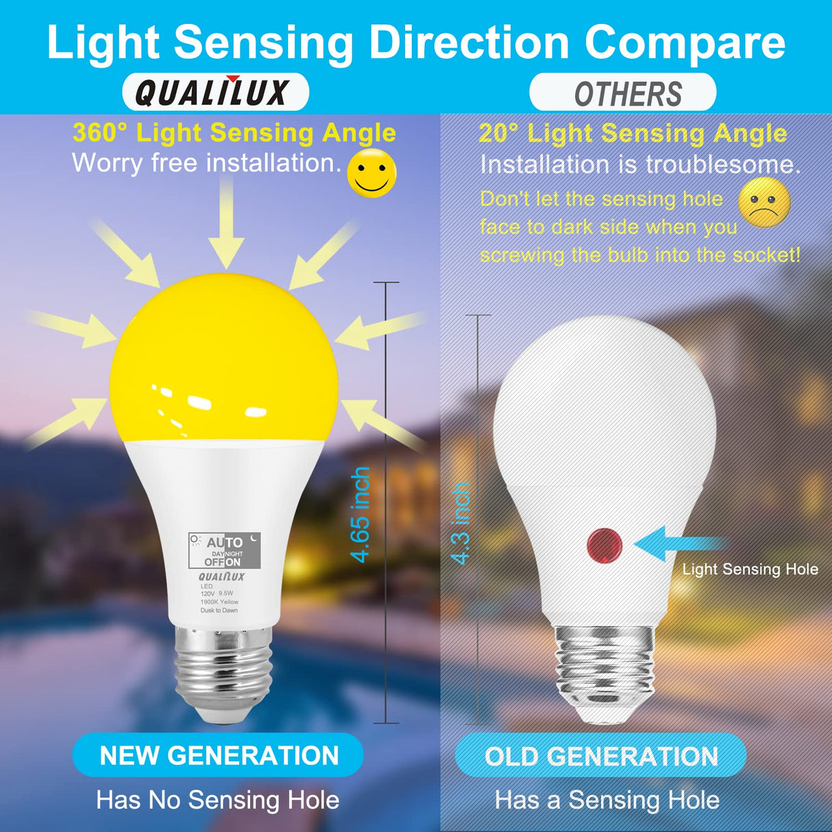 Qualilux Dusk to Dawn A19 LED Bug Light Bulbs Outdoor, 1900K Amber Yellow, 600 Lumen, 9.5W, E26, 4-Pack, HQ-H018