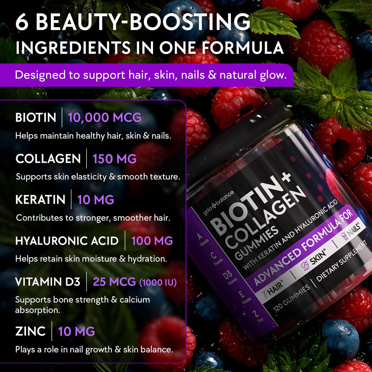 Biotin Gummies 10000mcg - Collagen Keratin - Hair Skin and Nails - Vitamins