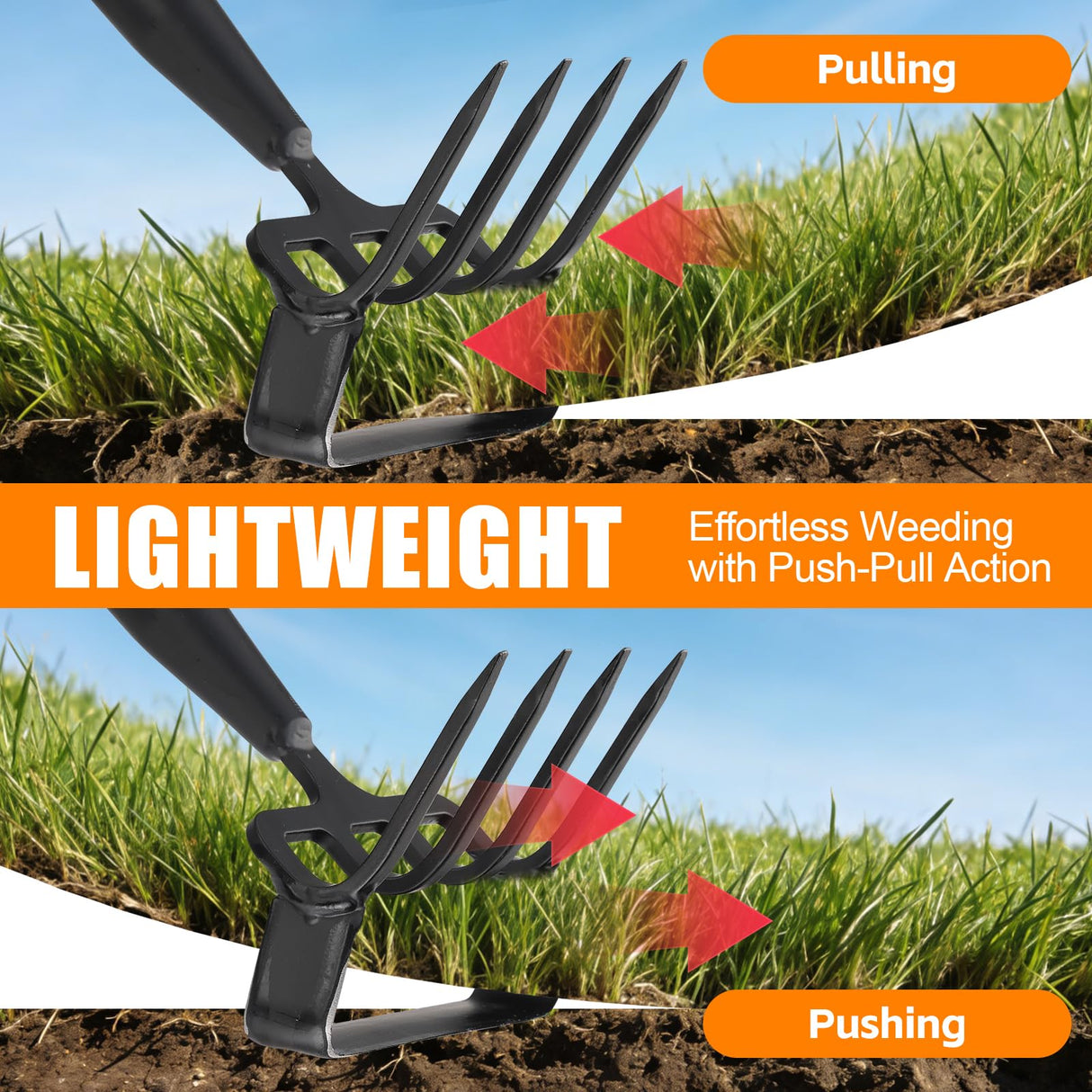 2-in-1 Heavy Duty Garden Hoe with 60" Adjustable Handle, Stirrup Hoe & Cultivator Weeding Rake - Lightweight Gardening Tool for Fast Weed Removal, Cultivating & Loosening Soil, Stainless Steel