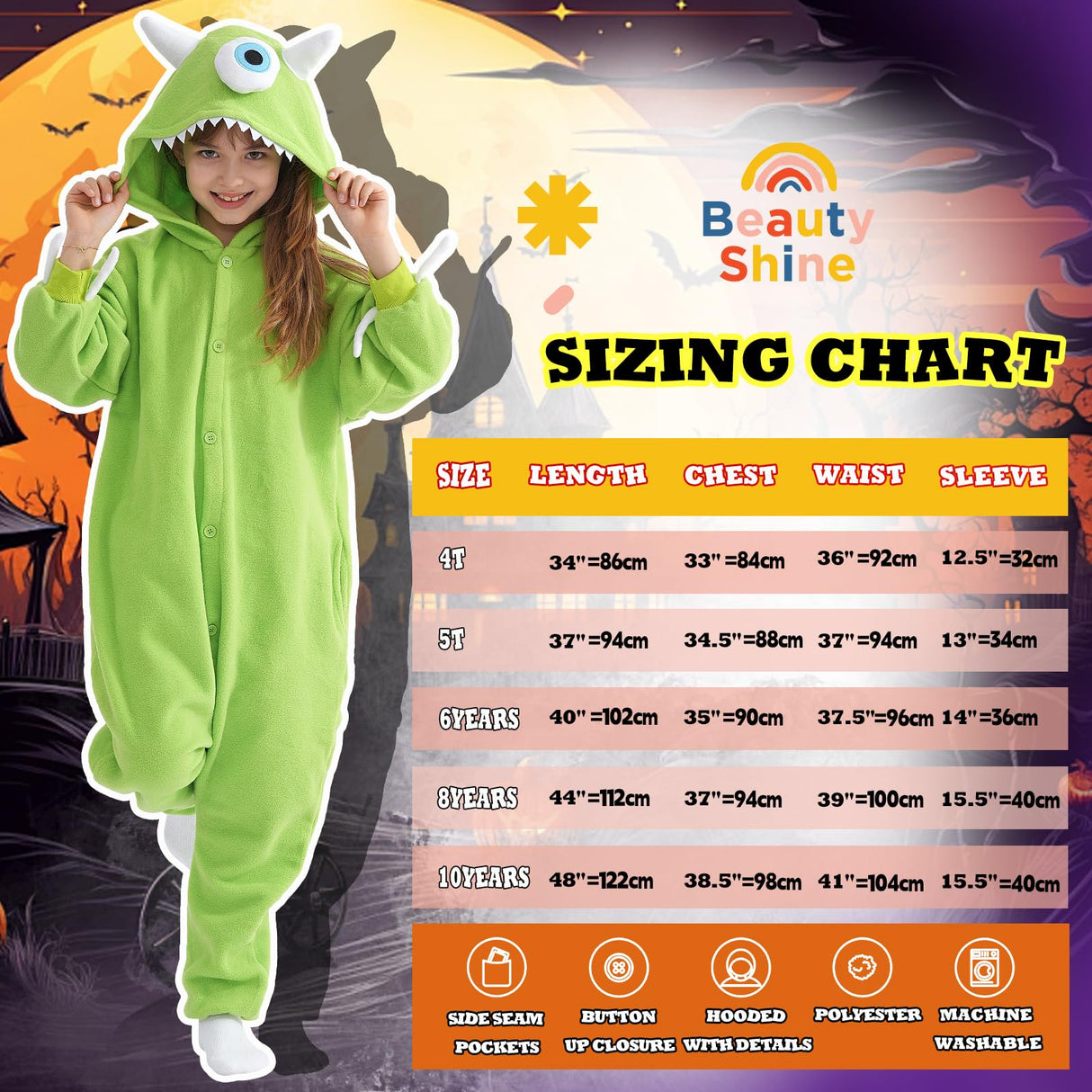 Beauty Shine Onesie Cartoon Animal Costume One Piece Pajamas Cosplay Halloween Christmas Sleepwear Jumpsuit Homewear (US, Age, 10 Years, Mike Wazowski)