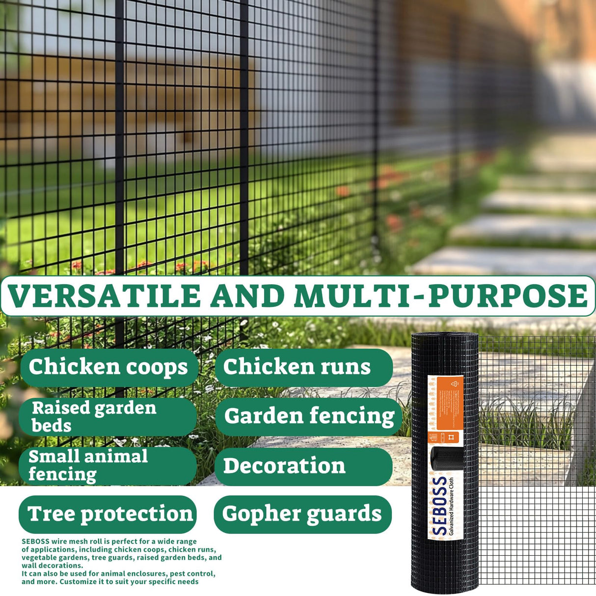SEBOSS Black Hardware Cloth 1/4 inch 48 x 100 Ft 23-Gauge, Vinyl Coating Chicken Wire Fencing, Chicken Wire Mesh Roll, Garden Fencing and Durable Outdoor Wire Cloth Applications