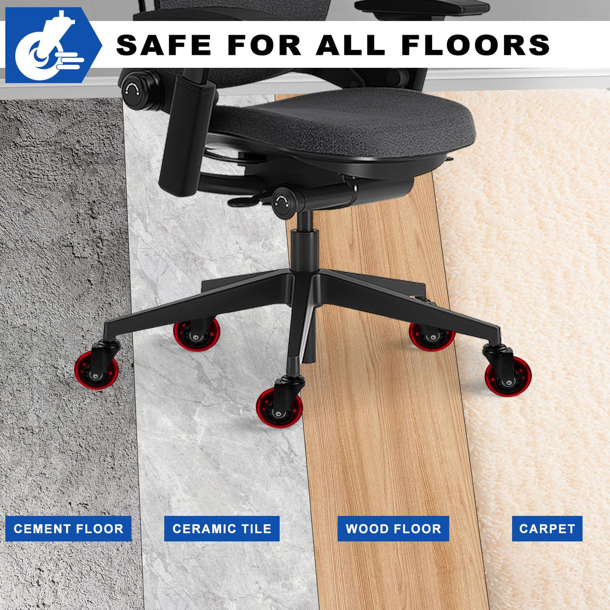 Office Chair Wheels for Casters Replacement - 3" Rubber Wheels for Computer Gaming Desk Caster Wheels Smooth & Safe Rolling for All Floors Including Hardwood and Carpet - Set of 5 - Red