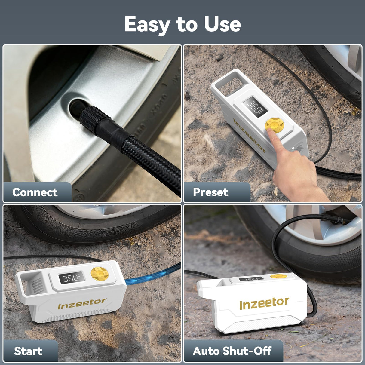 Inzeetor 150 PSI Tire Inflator Portable Air Compressor, 12V DC Auto Shutoff Air Pump with Digital Pressure Gauge and Emergency LED Light for Car Tires, Bicycle & Balloons, White