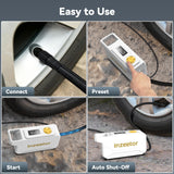 Inzeetor 150 PSI Tire Inflator Portable Air Compressor, 12V DC Auto Shutoff Air Pump with Digital Pressure Gauge and Emergency LED Light for Car Tires, Bicycle & Balloons, White