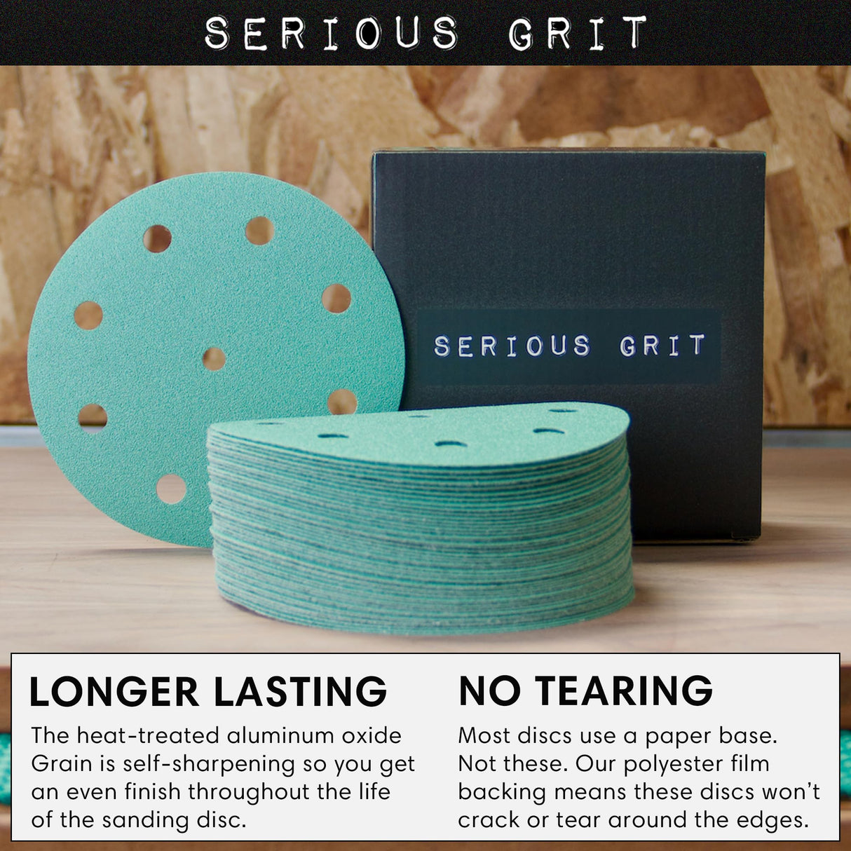 Serious Grit - 5-Inch 9-Hole 150 Grit Sanding Discs - Heavy-Duty Hook & Loop Film Discs - Sandpaper for Random Orbital Sanders - 50 Pack Box