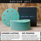 Serious Grit - 5-Inch 9-Hole 150 Grit Sanding Discs - Heavy-Duty Hook & Loop Film Discs - Sandpaper for Random Orbital Sanders - 50 Pack Box