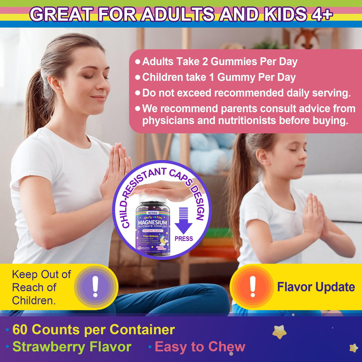 NEVISS Magnesium Glycinate Gummies for Adults & Kids 4+, Sugar Free Magnesium Bisglycinate Supplement 400/200mg with B6D3, L-Theanine for Zzz & Relaxation, Brain, Melatonin Free Gummies, 2Pack