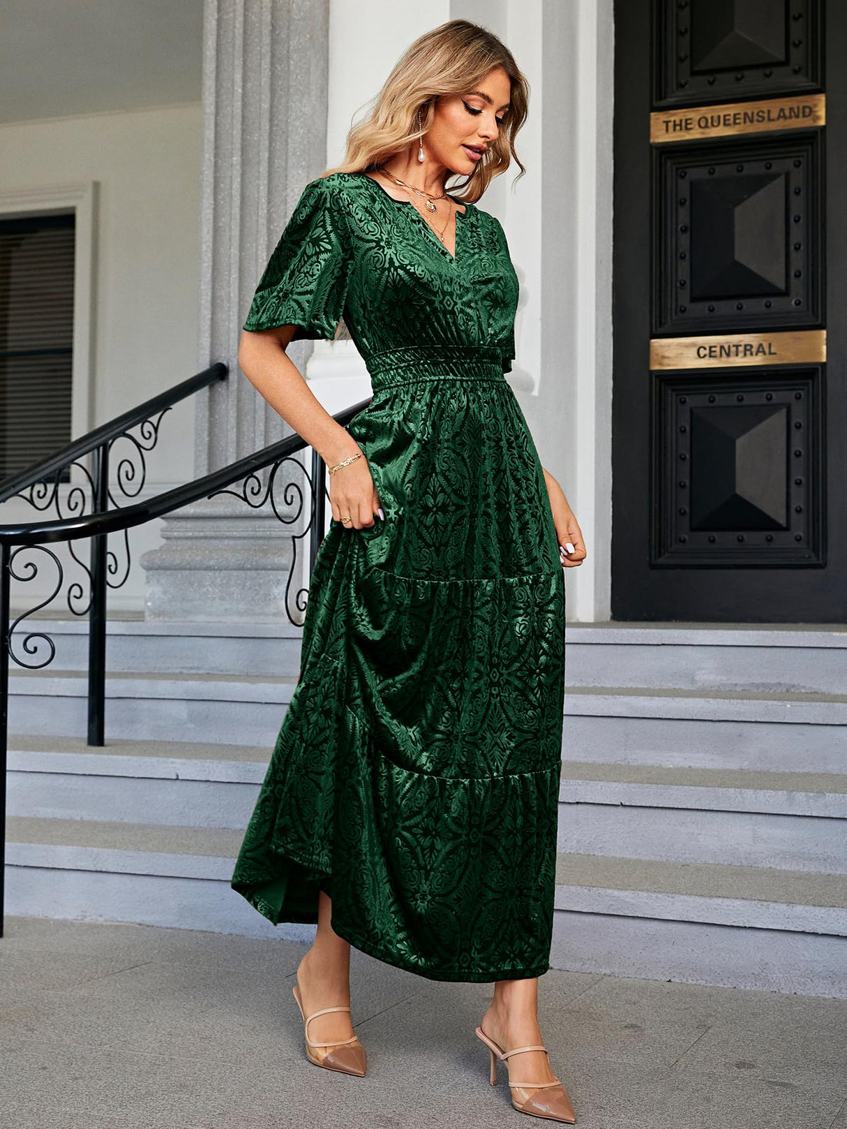 Amegoya Velvet Dress for Women Formal Winter Wedding Guest Dress Short Sleeve V Neck Semi Formal Party Christmas Dresses（Emerald Green L）
