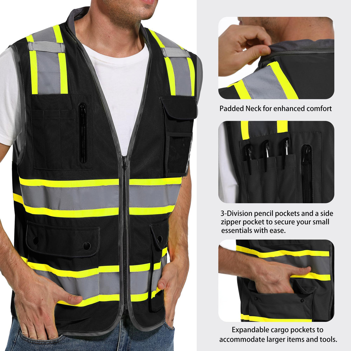 ArcRidge Reflective Safety Vest for Men and Women - High Visibility Construction Vest - Dual Tone Reflective Strips (Black, Large)