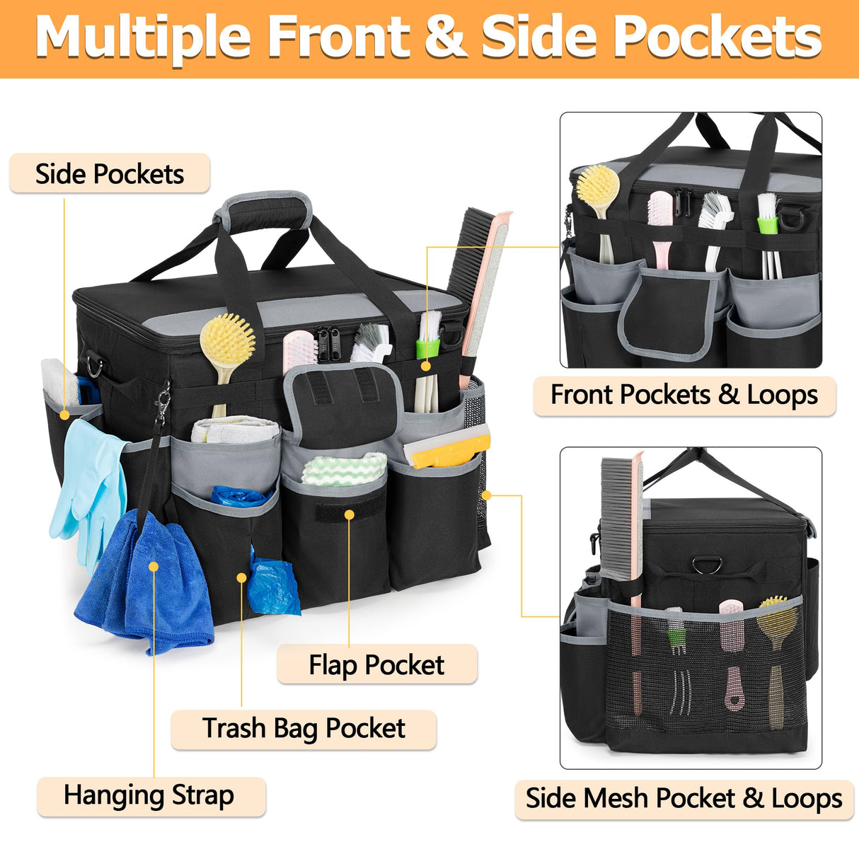 HODRANT Large Rolling Cleaning Caddy with Detachable Trolley & Lid, Cleaning Cart on Wheels with Shoulder Strap & Handles, Cleaning Supplies Organizer with Multi Pockets for Cleaning Tools Storage