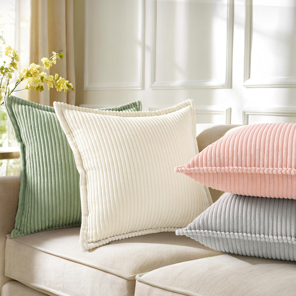 decorUhome Christmas Corduroy Cream White Throw Pillow Covers 22x22 Set of 2 Decorative Soft Boho Farmhouse Euro Couch Pillow Covers for Living Room Bed Sofa Broadside Striped Pillow Cases