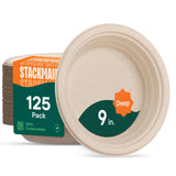 Deep Dish Paper Plates, Heavy Duty Disposable Dinner Plates [125-Pack] 9 Inch Plates - 100% Compostable Eco-Friendly, Biodegradable Sugarcane Bagasse, Natural Brown 9" Paper Plate Disposable