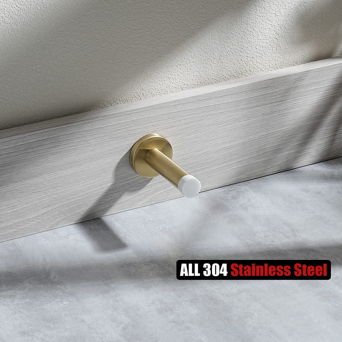 JQK Door Stopper Gold, 304 Stainless Steel Thicken 1mm Sound Dampening Door Stop Bumper Wall Protetor 4 Pack, Brushed Gold White Tip, DSB5-WG-P4