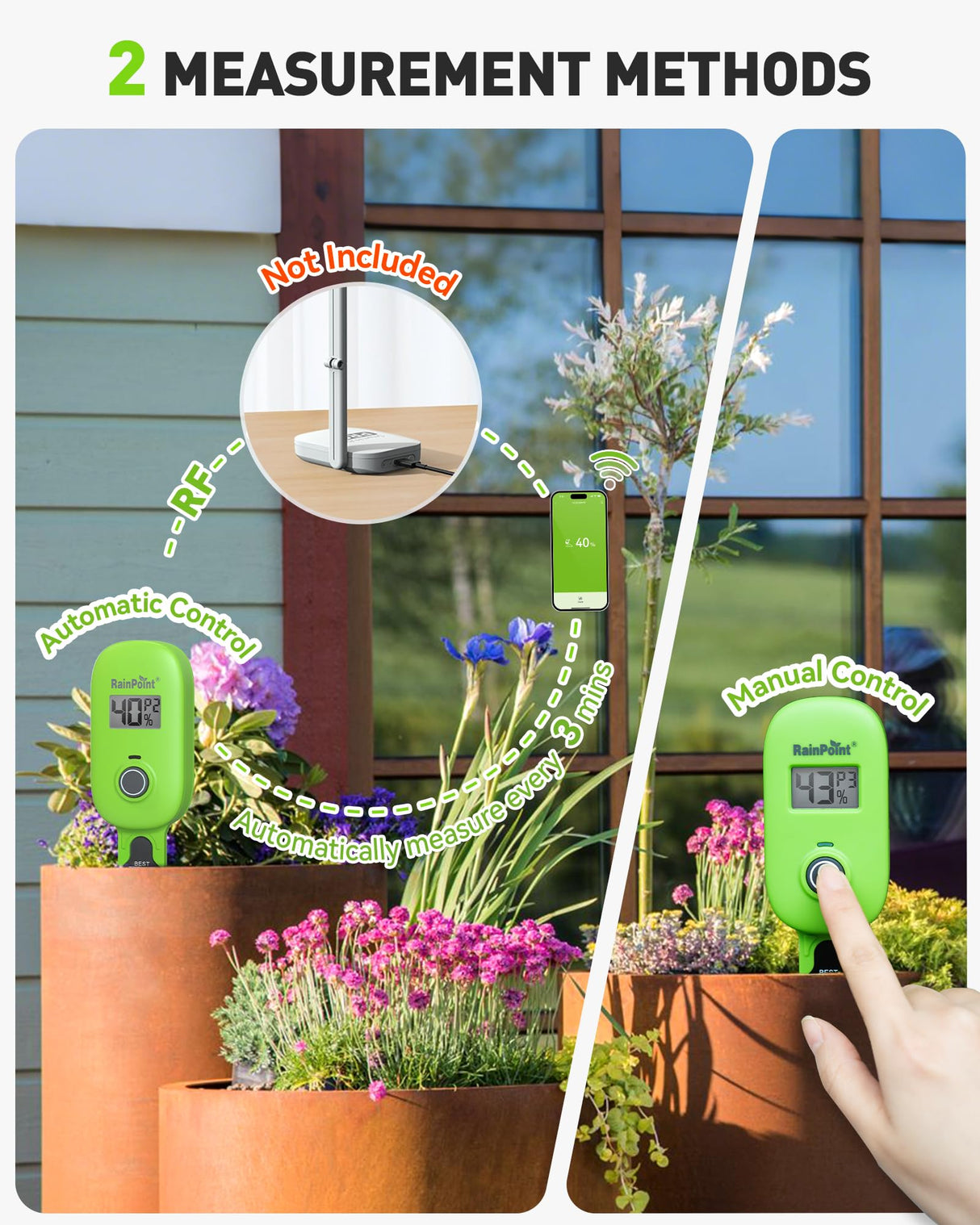 RAINPOINT Smart Soil Moisture Meter for Plants, Soil Hygrometer Sensor, Real-time Monitor Humidity Tester for Gardening, Farming, Indoor and Outdoor Plants Care, HWG023/HWG040 WiFi Hub Needed (Green)