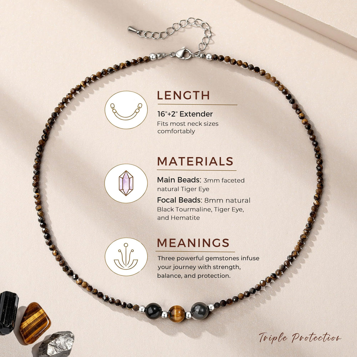 Triple Protection Necklace Gifts for Women, Healing Crystals Choker