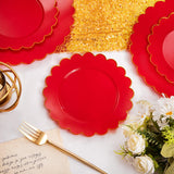 LIYH 60 Pcs Red Scalloped Plastic Christmas Plates with Gold Edge - Red Disposable Plates with Gold Rim Includes 30 Dessert & 30 Dinner Plate Dishes Tableware for Party Christmas Day