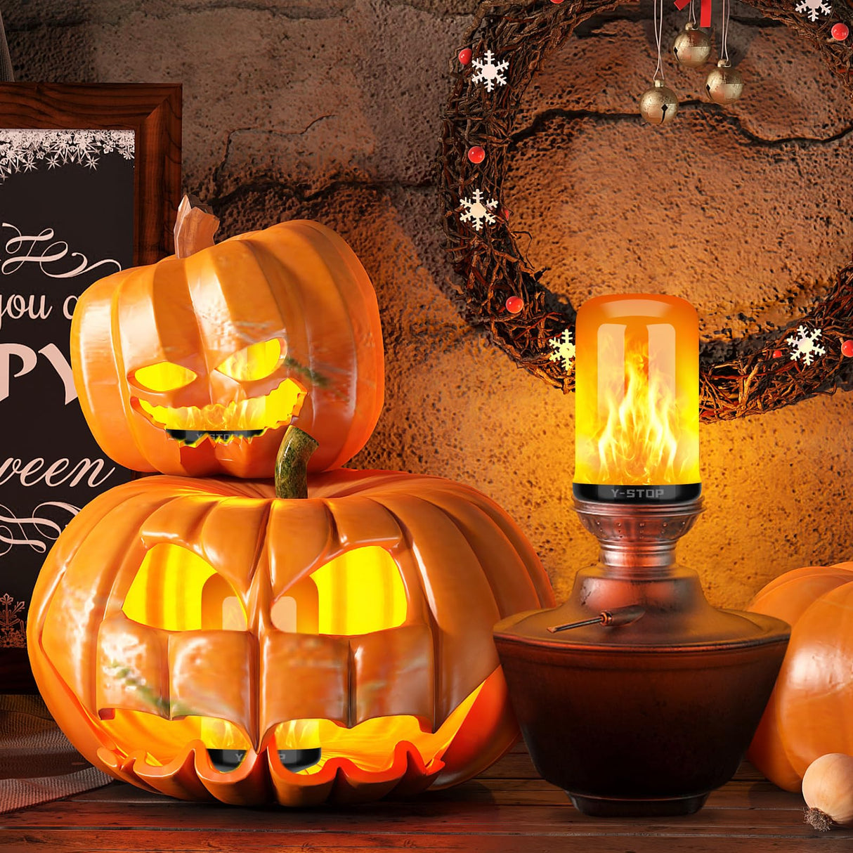 Y-STOP Halloween Decorations Upgraded LED Flame Light Bulbs, 4 Modes Flickering Light Bulb with Upside Down Effect, E26 Base Flame Bulb for Halloween Lights, Christmas Decoration, Party Decor (2 PCS)