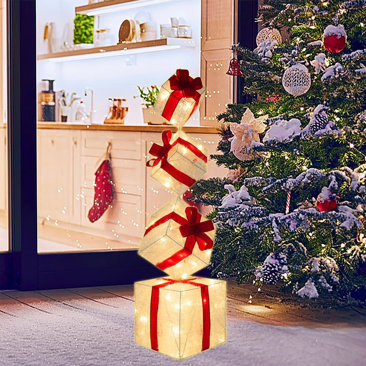 SANHSEHOME Set of 4 Christmas Lighted Gift Boxes, 3.3FT 70 LED Stackable Light Up Present Boxes for Christmas Decorations Indoor Outdoor Yard Lawn Porch Home Decor(4 Piece Set)