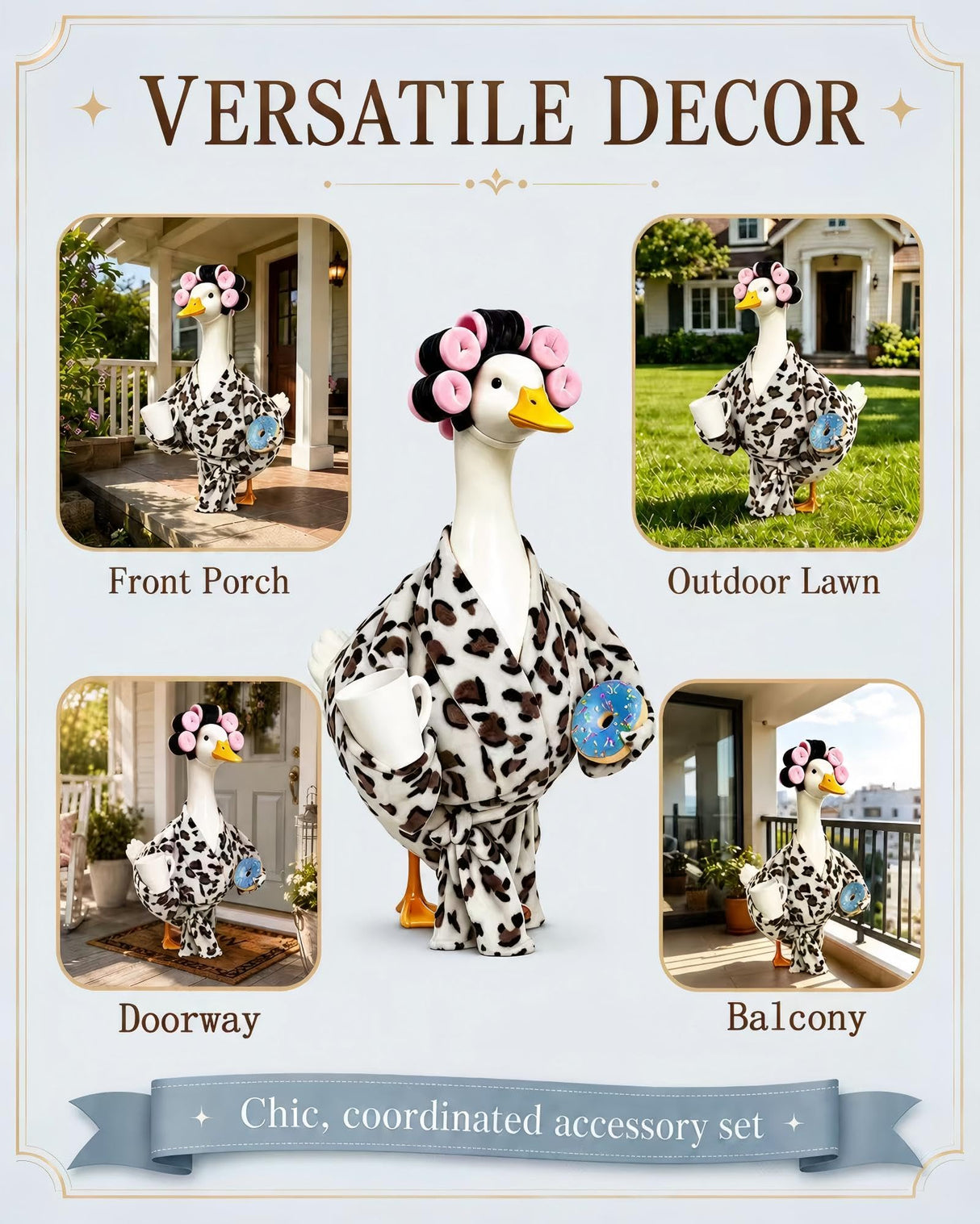 shpipa Goose Porch Outfit, 23-Inch Goose Statue, Leopard Print Bathrobe for Patio Home Decor, Comes with Curler, Waist Belt, Donut & Coffee Cup
