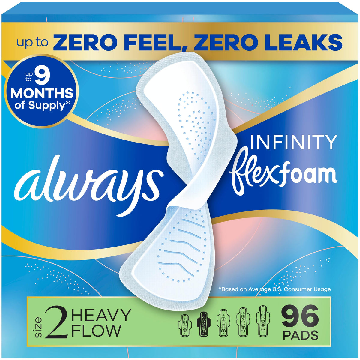 Always Infinity FlexFoam Pads for Women, Size 2, Heavy Pad with Wings, Unscented, Up to Zero Feel, Zero Leaks, 96 Count (3 Packs of 32)