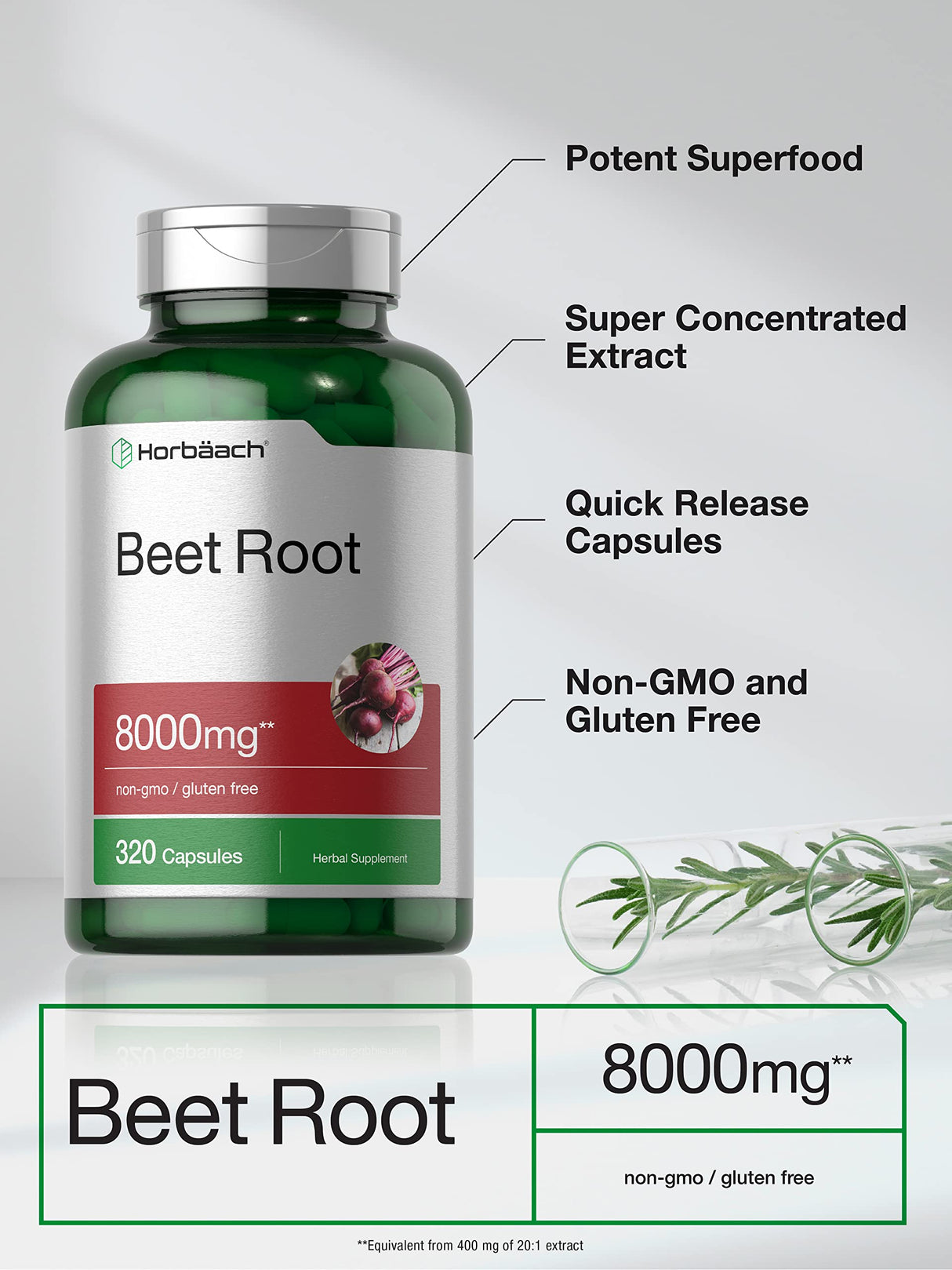 Horbäach Beet Root Powder Capsules 8000mg | 320 Pills | Non-GMO, Gluten Free Formula | High Potency Herbal Extract Supplement