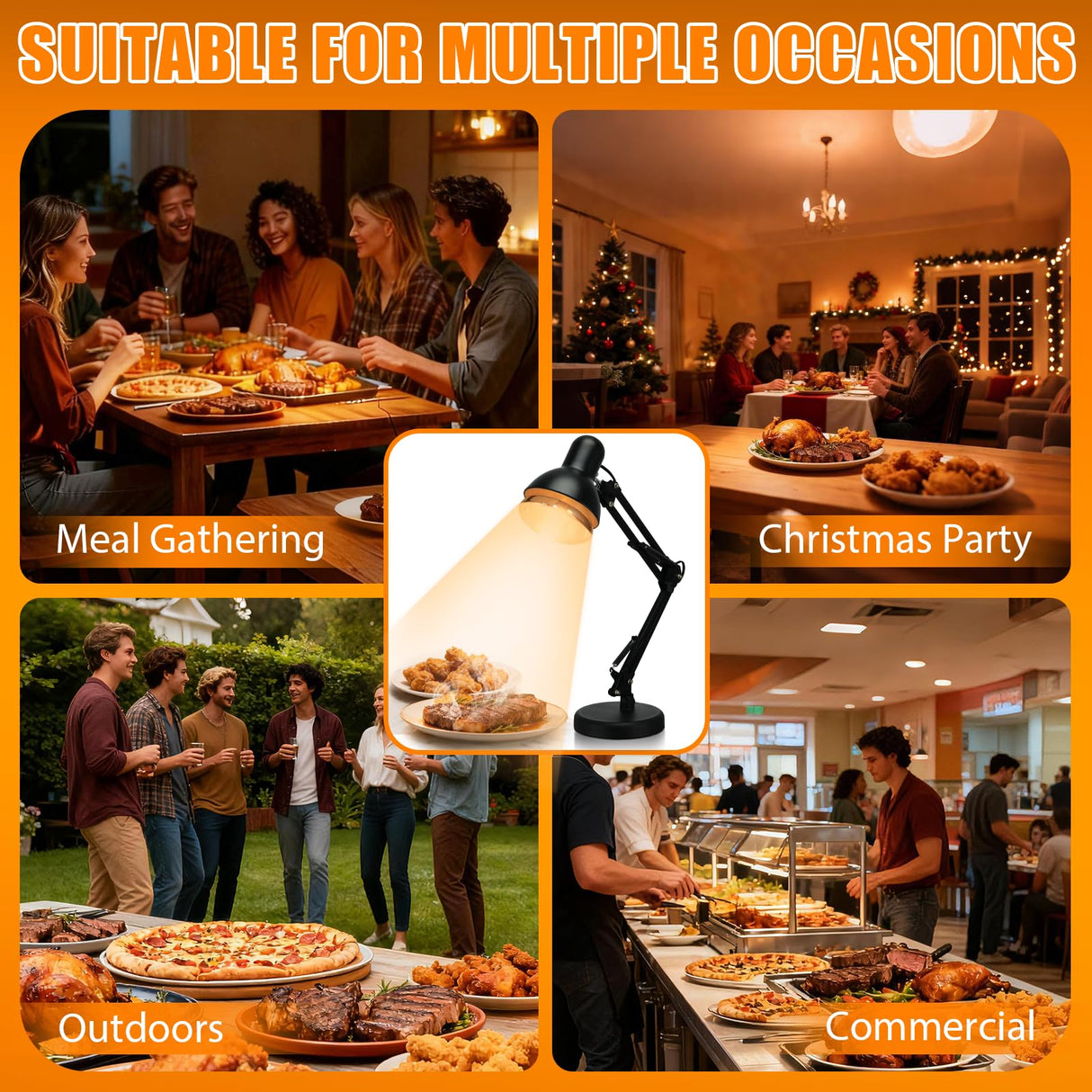 Portable Food Heat Lamp - [Foldable Design] [3S Quickly Heating] Food Warmer Light, Commercial Heat Lamp for Food, Catering Warming Lamp for Parties, Buffet, Pizza, Chicken, Chocolate (Black)