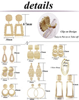 Tornito 12 Pairs Clip on Drop Earrings Leaf Round Square Trapezoid Rectangle Hoop Geometric Drop Dangle Statement Earrings Lightweight Clip on Earrings Non Piercing Set for Women Gold Tone