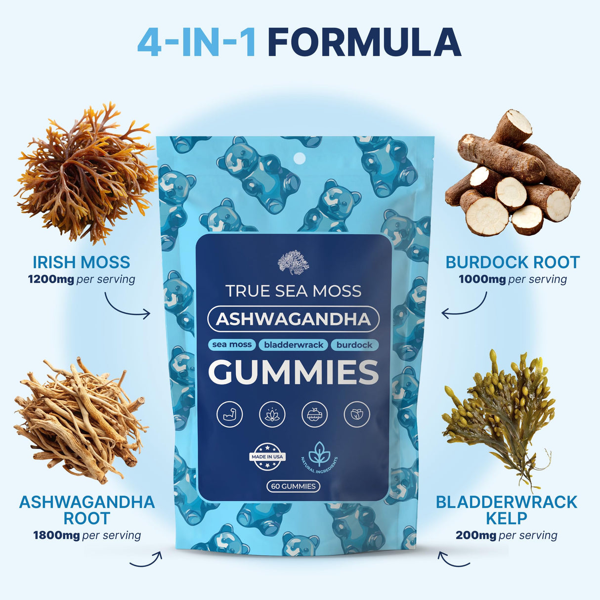 TrueSeaMoss Ashwagandha Gummies for Women & Men – Vegan Herbal Blend with Sea Moss, Bladderwrack & Burdock, 60 Gummies in Pouch (30-Day Supply)