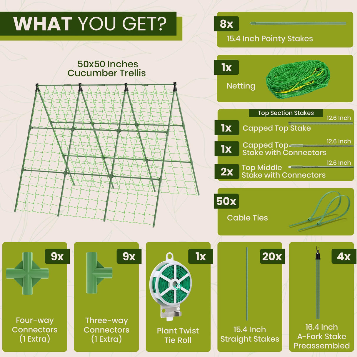 50x50 Cucumber Trellis for Raised Bed - A Frame Garden Trellis for Climbing Plants Outdoor - Cucumbers, Pea, Zucchini, Squash,Tomato, Green Bean, Vine, Watermelon, Melon, Pumpkin